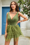 A Line Gola em V Verde Vestido Curto de Cocktail com Folhos