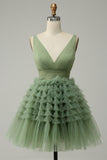 Tule Verde Gola em V Vestido Curto Com Costas Abertas