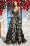 A Line Cintas de Espaguete Preto Dourado Vestido de Baile