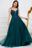 A Linha Esparguete Correias Verde Escuro Vestido de Baile com Apliques