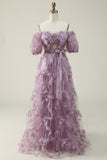 A Line Fora do Ombro Roxo Vestido de Baile