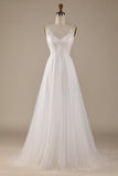 Marfim V-Neck Tule Varredura Trem Vestido de Noiva com Renda
