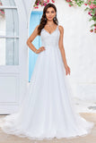 Marfim V-Neck Tule Varredura Trem Uma Linha Vestido de Noiva com Renda