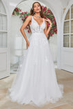 Marfim V-Neck varredura trem vestido de noiva com renda