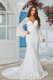 Marfim Sereia Renda Flare Mangas Vestido de Noiva