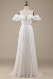 Marfim Boho Chiffon Ruched Vestido de Noiva