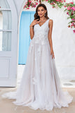 Damasco Tule Varredura Trem Uma Linha Vestido de Noiva com Renda