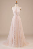 Tulle Halter Keyhole Champagne Vestido de Noiva com Apliques