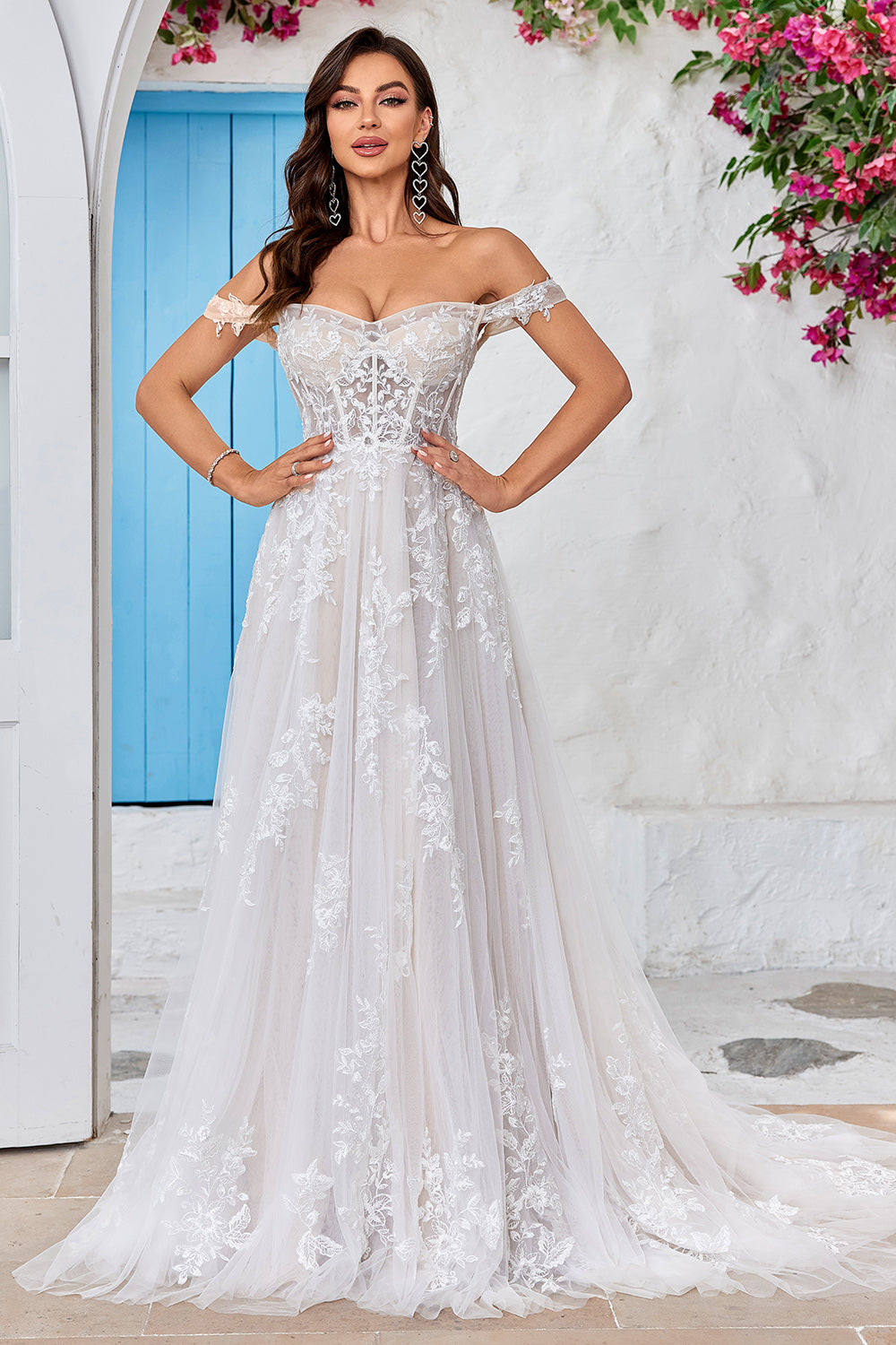 Destacável fora do ombro espartilho tule uma linha vestido de noiva