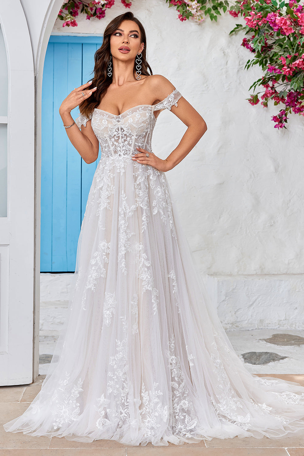 Destacável fora do ombro espartilho tule uma linha vestido de noiva