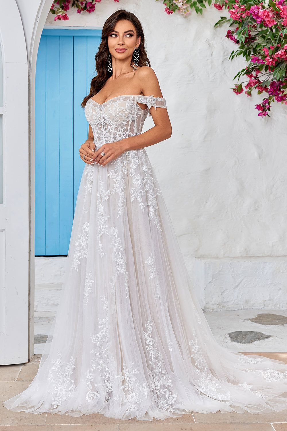 Destacável fora do ombro espartilho tule uma linha vestido de noiva