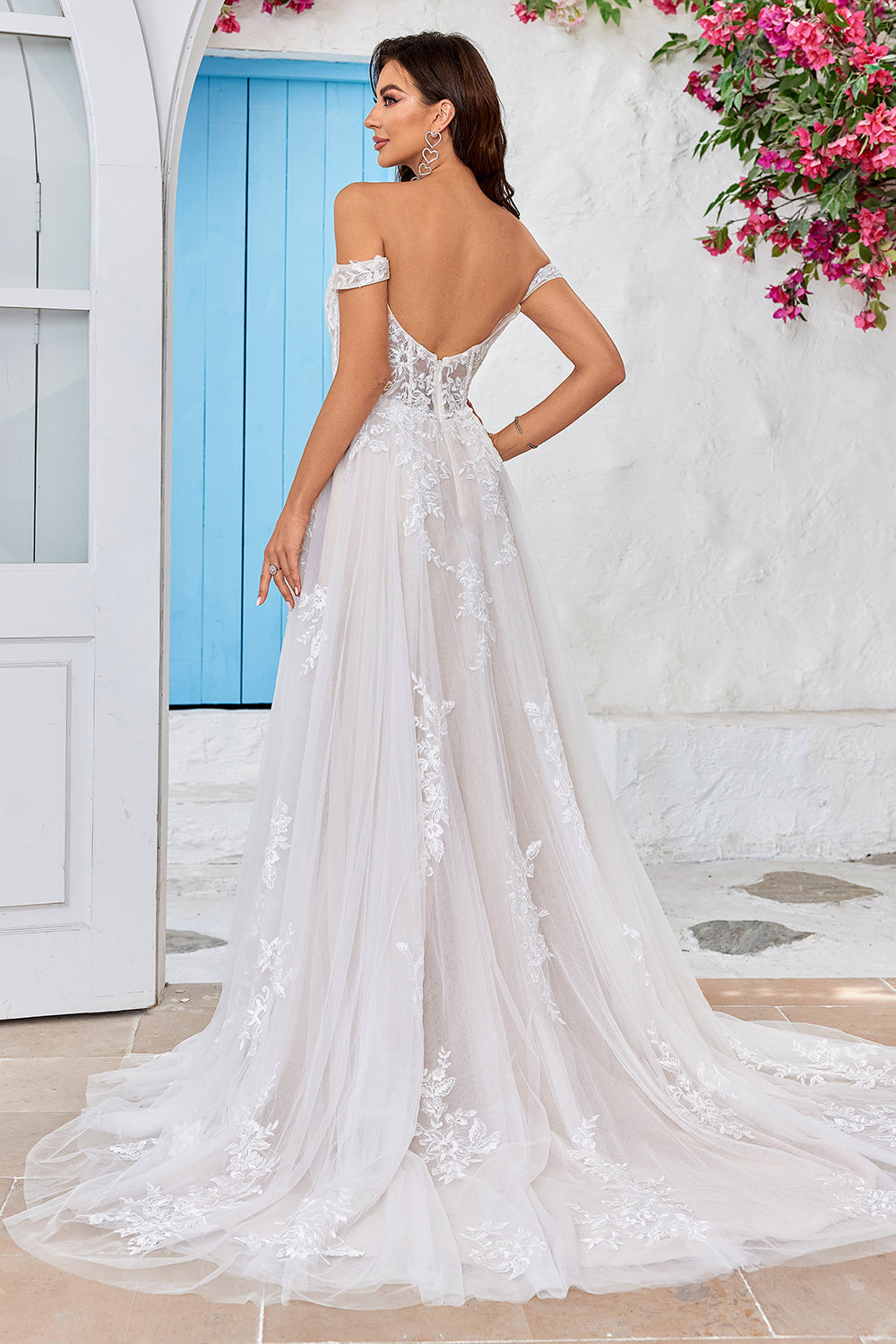 Destacável fora do ombro espartilho tule uma linha vestido de noiva