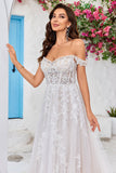 Destacável fora do ombro espartilho tule uma linha vestido de noiva