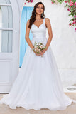 Marfim simples Organza Scoop Neck Sweep Train A Line Vestido de Noiva
