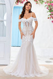 Ombro frio espartilho de tule sereia vestido de noiva com apliques