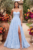 Vestido de Baile Azul A-Line Floral com Missangas e Alças, Vestido de Baile Longo Sem Alças com Fenda