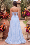 Vestido de Baile Azul A-Line Floral com Missangas e Alças, Vestido de Baile Longo Sem Alças com Fenda