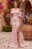 Vestido de baile cor-de-rosa com bordado floral de sereia desnudo e fenda lateral