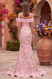 Vestido de baile cor-de-rosa com bordado floral de sereia desnudo e fenda lateral