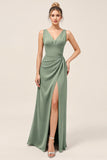 Bainha de eucalipto V-Neck Ruched Long Bridesmaid Dress com fenda