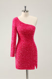 Hot Pink Um Ombro Glitter Sequins Homecoming Vestido com Fenda