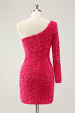 Hot Pink Um Ombro Glitter Sequins Homecoming Vestido com Fenda