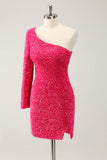 Hot Pink Um Ombro Glitter Sequins Homecoming Vestido com Fenda