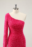 Hot Pink Um Ombro Glitter Sequins Homecoming Vestido com Fenda