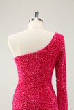 Hot Pink Um Ombro Glitter Sequins Homecoming Vestido com Fenda