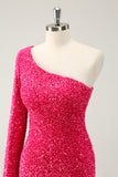 Hot Pink Um Ombro Glitter Sequins Homecoming Vestido com Fenda