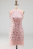 Blush brilhante Vestido de cocktail justo, curto com folhos e contas com franjas