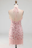 Blush brilhante Vestido de cocktail justo, curto com folhos e contas com franjas