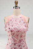 Blush brilhante Vestido de cocktail justo, curto com folhos e contas com franjas