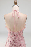Blush brilhante Vestido de cocktail justo, curto com folhos e contas com franjas