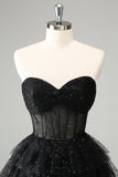 Sparkly A Line Black Sweetheart Tiered Corset Vestido bonito Homecoming