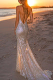 Sparkly prata sem costas sereia longo vestido formal