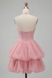 Vestido curto de regresso a casa, decote cor-de-rosa com folhos e decote halter