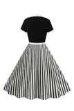 A Line Black Pinstripe 1950s Swing Dress com mangas curtas