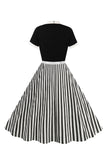 A Line Black Pinstripe 1950s Swing Dress com mangas curtas