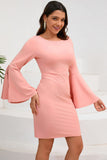 Bodycon Rosa Round Neck Midi Cocktail Dress com mangas compridas