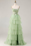 Vestido de baile de finalista de finalistas verde sem alças, A Line, Espartilho de Linha A com Folhos e Camadas