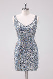 Sparkly Silver Bodycon V-Neck Vestido Curto Homecoming com Sequins