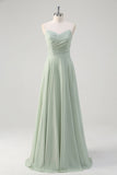 Matcha A Line Strapless Ruched Chiffon Vestido Longo Madrinha