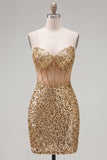 Bodycon dourado brilhante Bodycon Sweetheart Twin transparente Vestido de Lantejoulas Homecoming