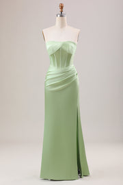 Bainha Verde Corset Strapless vestido longo da dama de honra com fenda