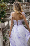 Flor de Lavanda Uma Linha Esparguete Alças Longo Vestido de Madrinha com Fenda