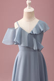 Cinzento Azul V-Neck A-Line Chiffon Alto Baixo Vestido de Dama de Honra Júnior