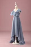 Cinzento Azul V-Neck A-Line Chiffon Alto Baixo Vestido de Dama de Honra Júnior
