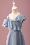Cinzento Azul V-Neck A-Line Chiffon Alto Baixo Vestido de Dama de Honra Júnior