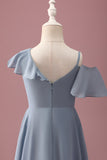 Cinzento Azul V-Neck A-Line Chiffon Alto Baixo Vestido de Dama de Honra Júnior